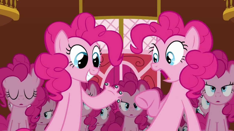 Size: 1280x720 | Tagged: safe, artist:anonymous, derpibooru import, edit, edited screencap, screencap, pinkie pie, earth pony, pony, too many pinkie pies, among us, cartoon physics, clone, eyes closed, female, fingers, hand, image, lidded eyes, mare, multeity, pinkie being pinkie, pinkie clone, pinkie physics, png, shocked, shocked expression, sitting, smiling, suddenly hands, sus (among us)