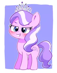 Size: 1884x2404 | Tagged: safe, artist:leo19969525, derpibooru import, diamond tiara, earth pony, pony, blue eyes, blushing, crown, cutie mark, hair, image, jewelry, jpeg, looking at you, regalia, simple background, smiling, smiling at you, solo, tail