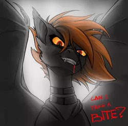 Size: 1668x1649 | Tagged: source needed, semi-grimdark, artist:khitar, derpibooru import, oc, oc:dusk, bat pony, blood, commission, fangs, image, jpeg, text, ych result