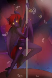 Size: 800x1200 | Tagged: suggestive, artist:darkdreamingblossom, derpibooru import, oc, oc:dark dreaming blossom, unofficial characters only, anthro, pegasus, anthro oc, clothes, female, glow, glowing eyes, image, panties, pegasus oc, png, solo, solo female, stripper, stripper pole, underwear, wings