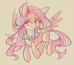 Size: 760x665 | Tagged: safe, artist:tinklywinkly, derpibooru import, fluttershy, pegasus, pony, alternate hairstyle, aside glance, clothes, female, head turned, image, looking at you, mare, png, shawl, sideways glance, smiling, solo, spread wings, wings