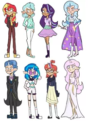 Size: 3633x5016 | Tagged: safe, artist:charrlll, derpibooru import, fancypants, fleur-de-lis, lyra heartstrings, moondancer, starlight glimmer, sunset shimmer, trixie, vinyl scratch, human, belly button, boots, bowtie, cape, choker, clothes, coat, converse, dress, ear piercing, earring, elf ears, evening gloves, eyeshadow, facial hair, female, flats, glasses, gloves, headphones, high heel boots, high heels, horn, horned humanization, humanized, image, jacket, jeans, jewelry, leather jacket, long gloves, magic wand, makeup, male, midriff, monocle, moustache, necklace, pants, piercing, png, shirt, shoes, shorts, simple background, skirt, socks, stockings, suit, sweater, t-shirt, thigh highs, trixie's cape, vinyl's glasses, wand, white background