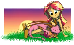 Size: 6500x4000 | Tagged: safe, artist:praisecastiel, derpibooru import, sunset shimmer, oc, oc:twilight genesis, dragon, equestria girls, duo, female, grass, image, partial background, png