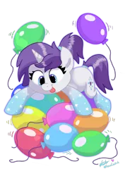 Size: 2480x3508 | Tagged: safe, artist:praisecastiel, derpibooru import, oc, oc:indigo wire, pony, unicorn, balloon, balloon sitting, coat markings, cute, female, image, mare, party balloon, png, ponytail, socks (coat marking), that pony sure does love balloons, tongue out