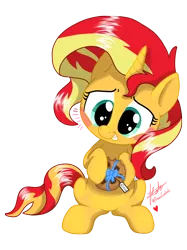 Size: 2844x3794 | Tagged: safe, artist:praisecastiel, derpibooru import, sunset shimmer, pony, unicorn, blushing, bow, cookie, cute, female, filly, filly sunset shimmer, foal, food, heart, image, label, png, ribbon, shimmerbetes, signature, simple background, solo, transparent background, vector, younger
