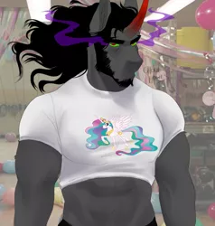 Size: 500x525 | Tagged: safe, artist:ghoulhowls, derpibooru import, king sombra, princess celestia, anthro, unicorn, abs, beard, clothes, facial hair, image, john cena, looking at you, male, movie reference, muscles, muscular male, playing with fire, png, shirt, signature, solo, sombra eyes, unamused, wardrobe malfunction