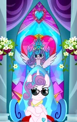 Size: 2599x4096 | Tagged: safe, artist:gaiusmaximiliano, derpibooru import, princess flurry heart, alicorn, crossed hooves, cute, flurrybetes, image, jewelry, necklace, older, older flurry heart, png, sitting, stained glass, sunglasses, throne