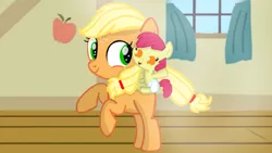 Size: 1280x720 | Tagged: safe, artist:mlplary6, derpibooru import, apple bloom, applejack, earth pony, pony, baby, baby apple bloom, female, filly, filly applejack, foal, happy, image, png, siblings, sisters, smiling, younger