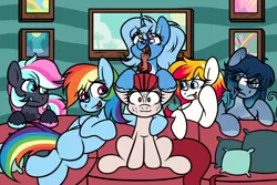 Size: 8192x5460 | Tagged: safe, artist:sadfloorlamp, derpibooru import, rainbow dash, oc, oc:hotfix, oc:opal brona, oc:triksa, bat pony, earth pony, lamia, original species, pegasus, pony, snake, unicorn, background, couch, eating, female, image, male, maw, mouth, my little pony, noodle, painting, pillow, png, stallion, tongue out