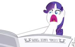 Size: 3095x1938 | Tagged: safe, artist:epic-panda17, derpibooru import, rarity, pony, unicorn, ponyville confidential, female, high res, horn, i'll destroy her, image, mare, newspaper, open mouth, png, signature, simple background, solo, transparent background