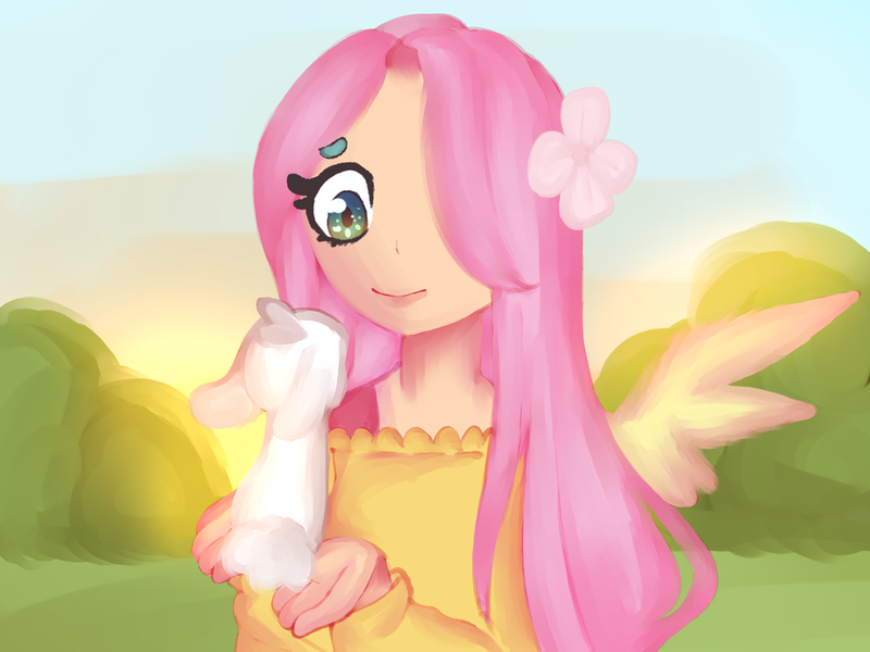 Size: 1280x960 | Tagged: safe, artist:muuiishu, derpibooru import, angel bunny, fluttershy, human, rabbit, animal, beanbrows, clothes, eye contact, eyebrows, female, flower, flower in hair, hair over one eye, holding, humanized, image, looking at each other, looking at someone, outdoors, png, smiling, solo, sweater, sweatershy, winged humanization, wings