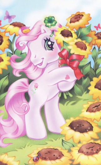 Size: 324x527 | Tagged: safe, artist:lyn fletcher, derpibooru import, official, desert rose, earth pony, pony, bipedal, bouquet, clover, flower, four leaf clover, g3, image, png, solo, sunflower