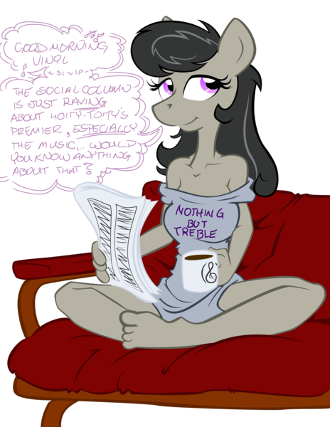 Size: 2153x2786 | Tagged: safe, artist:epic-panda17, artist:trollie trollenberg, derpibooru import, octavia melody, anthro, earth pony, plantigrade anthro, bare shoulders, barefoot, breasts, busty octavia melody, coffee, coffee mug, dialogue, feet, female, high res, image, implied vinyl scratch, mug, newspaper, png, simple background, sitting, solo, speech bubble, transparent background