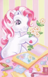 Size: 295x476 | Tagged: safe, derpibooru import, official, star swirl, earth pony, pony, book, bouquet, crayons, female, flower, g3, heart, heart hoof, image, png, sitting, solo, thread