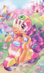 Size: 327x539 | Tagged: safe, artist:lyn fletcher, derpibooru import, official, scootaloo, scootaloo (g3), butterfly, earth pony, insect, pony, castle, clover, four leaf clover, g3, helmet, image, png, scooter, solo