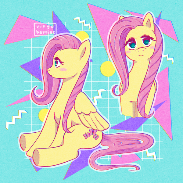 Size: 1280x1280 | Tagged: safe, artist:virgoberries, derpibooru import, fluttershy, pegasus, pony, abstract background, blush sticker, blushing, female, folded wings, head tilt, image, looking at you, mare, outline, png, profile, sitting, smiling, solo, wings