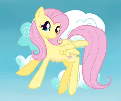 Size: 1280x1071 | Tagged: safe, artist:foxpocx, derpibooru import, fluttershy, pegasus, pony, aside glance, female, flying, head turned, image, looking at you, mare, outdoors, png, sideways glance, sky background, smiling, smiling at you, solo, spread wings, wings