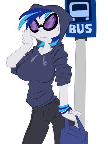 Size: 2121x2828 | Tagged: safe, artist:epic-panda17, artist:trollie trollenberg, derpibooru import, vinyl scratch, human, breasts, bus stop, busty vinyl scratch, clothes, female, high res, hoodie, humanized, image, png, simple background, solo, transparent background