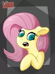 Size: 864x1152 | Tagged: safe, artist:pigmanxx, derpibooru import, fluttershy, pony, abstract background, bust, female, floppy ears, image, looking at you, mare, open mouth, png, raised hoof, solo, three quarter view, wingding eyes