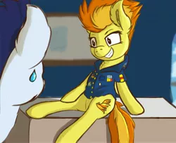 Size: 4096x3330 | Tagged: safe, artist:simplesample, derpibooru import, soarin', spitfire, pegasus, pony, clothes, female, folded wings, image, jpeg, male, office, shipping, soarinfire, straight, sweat, sweatdrop, uniform, wings, wonderbolts dress uniform