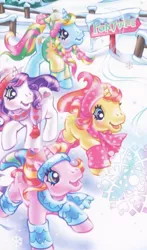 Size: 312x532 | Tagged: safe, artist:lyn fletcher, derpibooru import, official, brights brightly, rarity (g3), sweetie belle (g3), whistle wishes, pony, unicorn, clothes, female, g3, hat, image, leg warmers, png, running, scarf, snow, winter, winter outfit