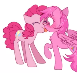 Size: 1077x1031 | Tagged: safe, artist:lucherik, derpibooru import, pinkie pie, rainbow dash, earth pony, pegasus, pony, blushing, chest fluff, duo, eyes closed, female, image, jpeg, lesbian, licking, mare, partially open wings, pink rainbow dash, pinkiedash, raised hoof, recolor, shipping, simple background, smiling, standing, tongue out, white background, wings