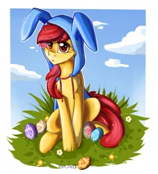 Size: 2000x2200 | Tagged: safe, artist:yuris, derpibooru import, apple bloom, earth pony, pony, clothes, cute, ears, easter, egg, female, flower, grass, happy easter, holiday, hood, image, lawn mower, orange eyes, png, red mane, solo, yellow skin