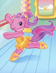 Size: 326x423 | Tagged: safe, artist:lyn fletcher, derpibooru import, official, skywishes, earth pony, pony, ballet, ballet slippers, clothes, dancing, g3, image, indoors, mirror, picture frame, png, ponytail, solo, tutu, yellow dress