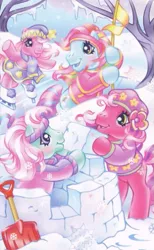 Size: 329x534 | Tagged: safe, artist:lyn fletcher, derpibooru import, official, cheerilee (g3), minty, pinkie pie (g3), rainbow dash (g3), earth pony, pony, clothes, g3, hat, image, outdoors, png, scarf, shovel, snow, snow fort, winter, winter outfit