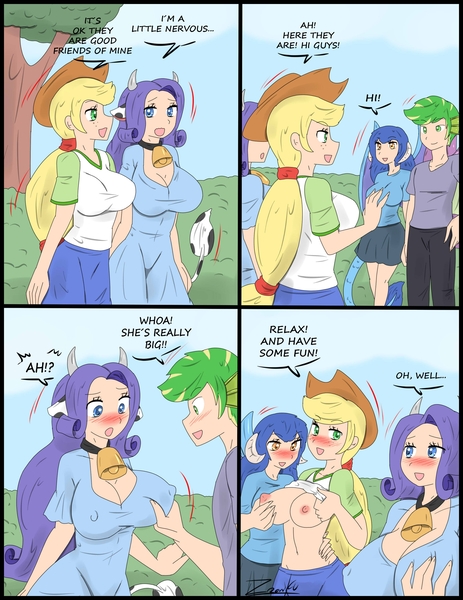 Size: 2315x3002 | Tagged: questionable, artist:ciriliko, derpibooru import, applejack, princess ember, rarity, spike, cow, dragon, human, comic:forest friends, big breasts, blushing, breast grab, breasts, busty applejack, busty rarity, clothes, comic, commission, cow ears, cowboy hat, dragoness, embarrassed, emberjack, erect nipples, female, grammar error, grope, hat, image, jpeg, male, nipple outline, nipples, nudity, partial nudity, raricow, shipping, shirt, shirt lift, sparity, species swap, straight, topless