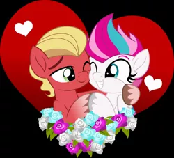 Size: 2048x1862 | Tagged: safe, artist:jhayarr23, derpibooru import, sprout cloverleaf, zipp storm, earth pony, pegasus, pony, black background, female, flower, g5, heart, image, jpeg, male, mare, shipping, simple background, smiling, stallion, straight, zippsprout