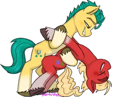 Size: 640x491 | Tagged: safe, artist:storfulsten, derpibooru import, hitch trailblazer, sprout cloverleaf, earth pony, pony, my little pony: a new generation, blushing, cute, dancing, g5, gay, hitchsprout, hoof hold, image, male, png, shipping, signature, simple background, smiling, stallion