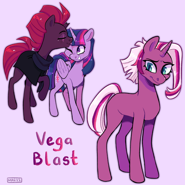 Size: 2048x2048 | Tagged: safe, artist:3ggmilky, derpibooru import, tempest shadow, twilight sparkle, oc, oc:vega blast, alicorn, pony, unicorn, female, image, lesbian, magical lesbian spawn, offspring, parent:tempest shadow, parent:twilight sparkle, parents:tempestlight, png, shipping, tempestlight