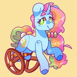 Size: 2500x2500 | Tagged: safe, artist:cocopudu, derpibooru import, oc, oc:sherbet, unofficial characters only, pony, unicorn, amputee, cloven hooves, female, freckles, image, jpeg, mare, smiling, solo, wheel