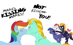 Size: 1913x1197 | Tagged: safe, artist:testostepone, derpibooru import, lightning dust, rainbow dash, oc, oc:blaze (shadowbolt), oc:lightning flare, oc:swift apex, pegasus, pony, blushing, clothes, costume, female, flare abuse, image, kissing, lesbian, mare, png, rainbowdust, shadowbolts costume, shipping, text, tooth, violence