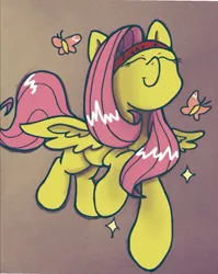 Size: 1029x1291 | Tagged: safe, artist:twiliset, derpibooru import, fluttershy, butterfly, insect, pegasus, pony, beam, cute, flying, happy, image, jpeg, looking at you, smiling, smiling at you, spread wings, wings