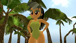 Size: 1920x1080 | Tagged: suggestive, artist:mr.uberrebu25, derpibooru import, daring do, equestria girls, 3d, beach, beach babe, breasts, busty daring do, clothes, green swimsuit, hand on hip, image, looking at you, one-piece swimsuit, palm tree, png, solo, swimsuit, tree