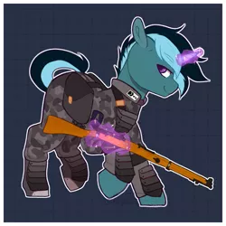 Size: 1257x1257 | Tagged: safe, artist:liefsong, derpibooru import, oc, unofficial characters only, pony, unicorn, abstract background, alternate timeline, clothes, gun, image, lee enfield, looking at you, magic, male, military pony, military uniform, new lunar millennium, nightmare takeover timeline, png, raised hoof, rifle, smiling, soldier, soldier pony, solo, stallion, uniform, weapon