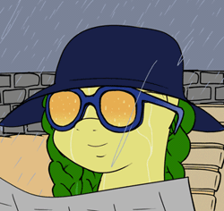 Size: 324x306 | Tagged: safe, artist:mranthony2, derpibooru import, oc, oc:lemon bounce, pegasus, animated, beach, brick wall, chair, cloud, cloudy, gif, hat, image, lawn chair, pegasus oc, rain, smiling, soaked, solo, sunglasses, tanning mirror, wet, wet mane, wings
