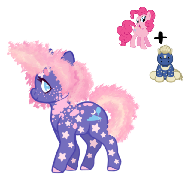 Size: 1000x958 | Tagged: safe, artist:adopdee, artist:vernorexia, derpibooru import, pinkie pie, earth pony, pony, afro, base used, blue eyes, body markings, chibi, chubby, colored hooves, curly hair, eyebrows, facial markings, female, freckles, fusion, fusion diagram, image, markings, pink mane, png, request, short tail, simple background, solo, spots, stars, tail, transparent background, webkinz, webkinz starry stallion