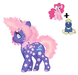 Size: 1000x958 | Tagged: safe, artist:adopdee, artist:vernorexia, derpibooru import, pinkie pie, earth pony, pony, afro, base used, blue eyes, body markings, chibi, chubby, colored hooves, curly hair, eyebrows, facial markings, female, freckles, fusion, fusion diagram, image, markings, pink mane, png, request, short tail, simple background, solo, spots, stars, tail, transparent background, webkinz, webkinz starry stallion