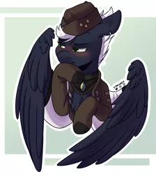 Size: 1795x2002 | Tagged: oc name needed, safe, artist:ak4neh, derpibooru import, oc, pegasus, blushing, clothes, hat, image, military pony, military uniform, png, spread wings, torn ear, uniform, wings