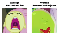 Size: 640x360 | Tagged: safe, derpibooru import, edit, edited screencap, screencap, fluttershy, smooze, pegasus, pony, make new friends but keep discord, season 1, season 5, stare master, average enjoyer, average fan, average fan vs average enjoyer, bowtie, caption, comparison, duo, faic, female, floppy ears, image, image macro, implied discoshy, implied gay, implied shipping, implied straight, looking at you, male, mare, mawshot, meme, nose in the air, open mouth, png, ponified meme, screaming, shipping, shipping denied, smiling, text, uvula, volumetric mouth