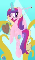 Size: 1920x3250 | Tagged: safe, artist:notadeliciouspotato, derpibooru import, princess cadance, alicorn, pony, abstract background, canterlot wedding 10th anniversary, chocolate, female, food, image, magic, mare, open mouth, png, solo, talking to viewer, telekinesis