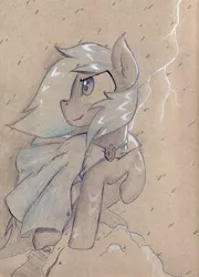 Size: 2441x3387 | Tagged: safe, artist:foxtrot3, derpibooru import, oc, oc:raineshine, unofficial characters only, earth pony, pony, clasp, cloak, clothes, glowing art, heroic, image, jpeg, lightning, pose, rain, standing, wet, wet mane