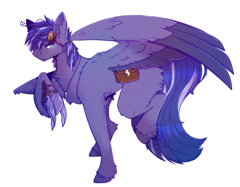 Size: 1679x1308 | Tagged: safe, artist:niyukay, derpibooru import, oc, oc:lightning flare, unofficial characters only, pegasus, colored wings, goggles, grumpy, hoof blades, image, multicolored wings, png, satchel, simple background, solo, transparent background, wings