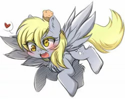 Size: 2048x1630 | Tagged: safe, artist:papilrux, derpibooru import, derpy hooves, pegasus, pony, blushing, cute, derp, derpabetes, female, flying, food, heart, image, jpeg, mare, muffin, open mouth, pictogram, simple background, solo, speech bubble, white background