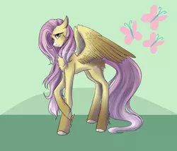 Size: 1042x892 | Tagged: safe, artist:arforzan, derpibooru import, fluttershy, pegasus, pony, cutie mark background, female, image, mare, png, redesign, signature, solo