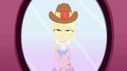 Size: 600x336 | Tagged: safe, derpibooru import, screencap, applejack, rarity, eqg summertime shorts, equestria girls, make up shake up, animated, bare shoulders, boots, bracelet, clothes, cowboy boots, cowboy hat, cute, duo, duo female, eyes closed, fall formal outfits, female, gif, grin, hairpin, hat, image, jewelry, lip bite, mirror, raribetes, shoes, sleeveless, smiling, strapless