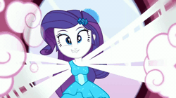 Size: 600x336 | Tagged: safe, derpibooru import, screencap, rarity, eqg summertime shorts, equestria girls, make up shake up, animated, bare shoulders, bracelet, cute, fall formal outfits, female, gif, hairpin, image, jewelry, lip bite, lipstick, mirror, mouth hold, raribetes, sleeveless, smiling, solo